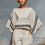 Women's Minimalist Linen Blend Batwing Sleeve Blouse And Trousers Set