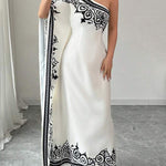 Batwing Sleeves Loose Asymmetric Elasticity Flower Print Pleated One-Shoulder Maxi Dresses
