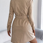 Elasticated Waist Long Sleeves Belted Buttoned Single-Breasted Solid Color Lapel Collar Mini Dresses Shirt Dress