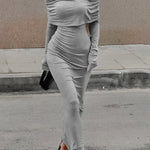 Long Sleeves Skinny Pleated Solid Color Split-Joint Off-The-Shoulder Evening Dresses Maxi Dresses