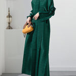 Casual Long Sleeves Loose Tied Pleated Stand Collar Midi Dresses