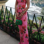 Cheongsam Style Rose Floral Print Tiered Flare Sleeve Stretch Maxi Dress