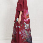 A-Line Flared Sleeves Flower Print Pleated V-Neck Maxi Dresses