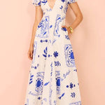 Embrace The Glamour Linen Blend Unique Print Puff Sleeve Pocketed Maxi Dress