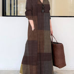 Long Sleeves Loose Plaid Pockets Lapel Maxi Dresses Shirt Dress