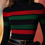 Long Sleeves Skinny Contrast Color High Neck T-Shirts Tops