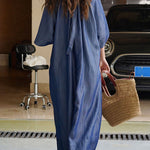 Loose Raglan Sleeve Drawstring Lace-Up Pleated Solid Color Round-Neck Midi Dresses