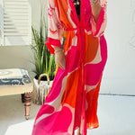 Elevate Beach Style Unique Print Long Sleeve Belted Pocket Cover-up Kimono
