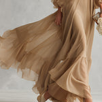 Women's Neutral Sheer Chiffon Dress With Bell Sleeves & Ruffled Skirt, Timeless Romantic-Luxe Style Dress