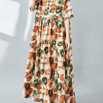 Half Sleeves Loose Pleated Printed Split-Joint Round-Neck Midi Dresses