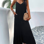 Loose Sleeveless Pleated Solid Color Split-Joint Spaghetti-Neck Maxi Dresses