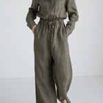 Urban Linen Drawstring Elastic Waisted Wide Leg Long Sleeves Jumpsuits