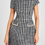 Eve Check Bouclé-tweed Fabric Pearl Trim Short Sleeve Pocketed Mini Dress