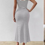 Bodycon Sleeveless Split-Joint Striped U-Neck Midi Dresses