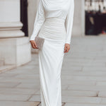 Draped Boat Neck Ruched Waist Maxi Dress
