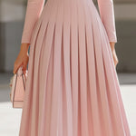 Elegant Blush Pink Pleated Midi Dress With Stand Collar