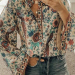 Retro floral and bird print bell sleeve V-neck top