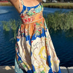 Unique Printed Lace-up Suspender Pockets Casual Resort Style Midi Dress