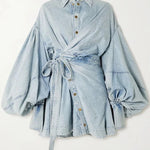 Yaron Denim Button Twisted Shape Wrap Long Balloon Sleeve Shirt Mini Dress