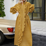 Original Loose Long Sleeves Tied Pleated Falbala Solid Color V-Neck Maxi Dresses