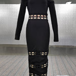 Bodycon Long Sleeves Hollow Solid Color Split-Joint Off-The-Shoulder Midi Dresses