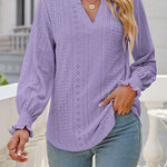 Solid color hollowed out gathered ruffle sleeve V-neck loose long-sleeved top