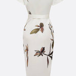 White Leaf Short Sleeve Satin Wrap Sheath Midi Dress