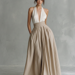 Women's Minimalist White And Khaki Color-blocked Long Dress With A Cinched Waist
