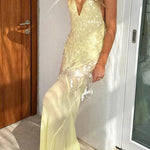 Deep V Neck Sequins Fishtail Hem Backless Gowns Slip Maxi Dresses-Yellow