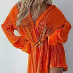 Long Sleeves Buttoned Pleated Solid Color Tied Waist Lapel Mini Dresses Shirt Dress