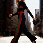 Elasticated Waist Long Sleeves Contrast Color Pockets Striped Half Turtleneck Jumpsuits