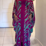 Batwing Sleeves Long Sleeves Contrast Color Printed Split-Front Split-Joint V-Neck Maxi Dresses