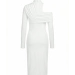 Irregularity Long Sleeves Asymmetric Pleated Solid Color Split-Front Split-Joint Split-Side High Neck Midi Dresses
