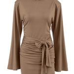A-Line Bodycon Pleated Solid Color Tied Waist Zipper Round-Neck Mini Dresses