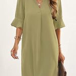 A-Line Flared Sleeves Pleated Ruffled Solid Color Split-Joint V-Neck Mini Dresses