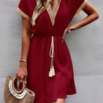 A-Line Elasticated Waist Contrast Color Drawstring Hollow Split-Joint Tasseled Tied V-Neck Mini Dresses