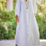 Solid Linen Blend Casual V Neck Balloon Sleeve Maxi Dress