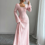 A-Line Bodycon Ribbed Knit Split-Joint Square-Neck Maxi Dresses