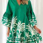 A-Line Flared Sleeves Flower Print Pleated Split-Joint V-Neck Mini Dresses