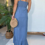 Juney Adjustable Chest Tie Front Ruffles Back Smocked Slit Maxi Dress