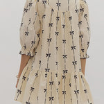 A-Line Loose Bowknot Contrast Color Printed Split-Joint Stand Collar Midi Dresses