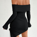Bodycon High Waisted Asymmetric Drawstring Pleated Solid Color Split-Joint Off-The-Shoulder Mini Dresses