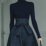 Women's Dark Blue High Elastic Knit And Plaid Wool Skirt Set