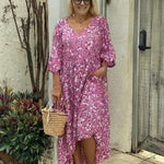 Women's Crushed Flower Printing V-Neck Medium and Long Dress Short Sleeve Dress