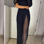 Stylish One Shoulder Slit Long Sleeve Mesh Splice Wide Leg Jumpsuit