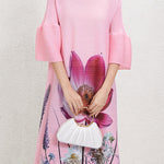 A-Line Flared Sleeves Flower Print Pleated V-Neck Maxi Dresses