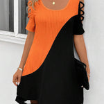 A-Line Loose Contrast Color Hollow Mesh Split-Joint Cold Shoulder Mini Dresses