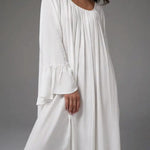 A-Line Flared Sleeves Pleated Solid Color Split-Joint Round-Neck Maxi Dresses