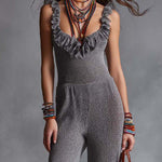 Boho-Vintage Elegant Textured Ruffle Knit Jumpsuit