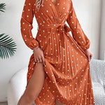 A-Line High Waisted Elasticity Pleated Polka-Dot Split-Joint Tied Waist V-Neck Midi Dresses Shirt Dress